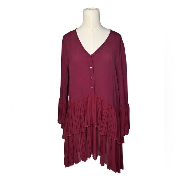 ZARA - Tiered Pleated Chiffon Burgundy Tunic/Drees Size Small - Picture 2 of 6